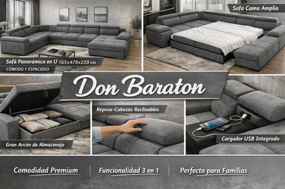 Sofá panorámico en U 165x470x220 con cama y 2 arcónes con mas Carga USB TITAN XXL  – Don Baraton