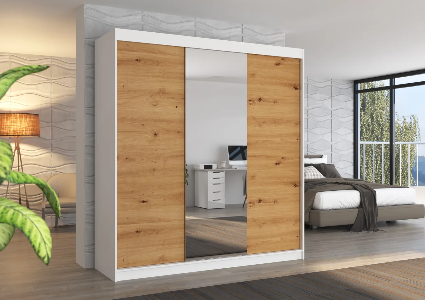 ARMARIO CON ESPEJO PUERTA CORREDERA 215X200X58 CM CON 2 PUERTAS COLOR BLANCO/ARTISAN SANTIAGO