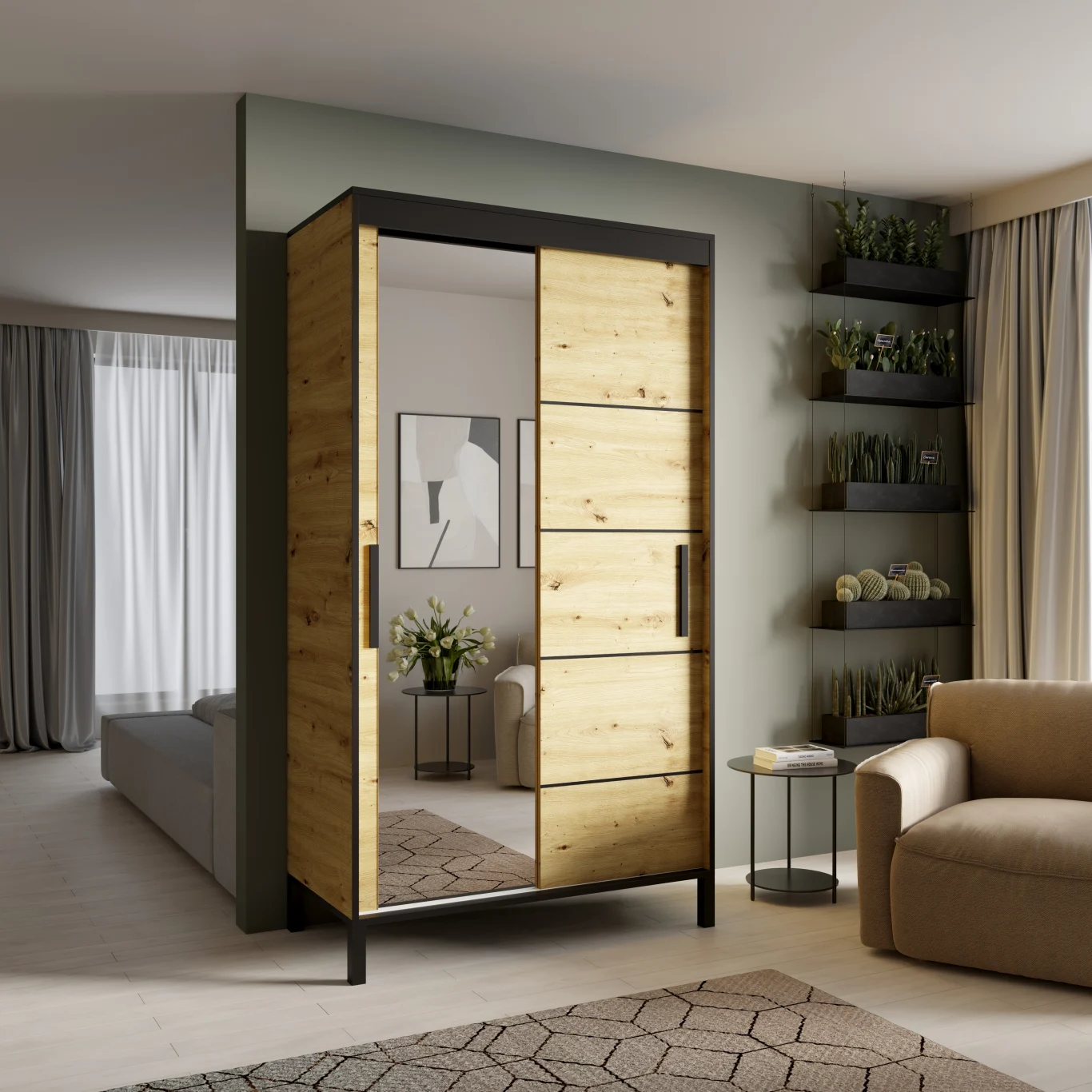 Armario con puertas correderas - 120 cm - Roble Artisan / Negro - BELL-M