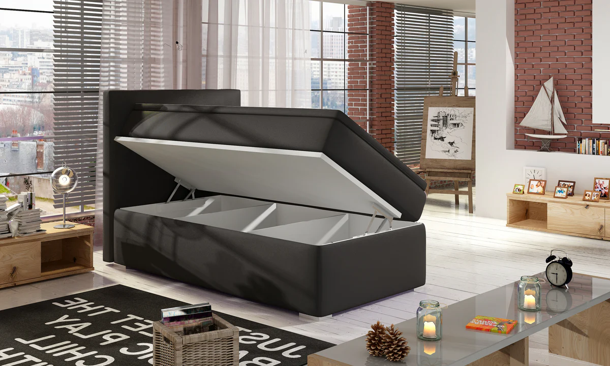 Cama individual tapizada en tela con arcón – Rocco, Gris, derecho