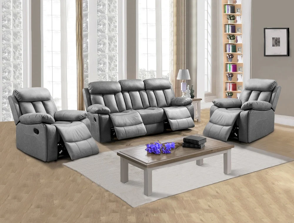 Conjunto 3+1+1: sofá tres plazas y dos sillones relax – Madrid, Gris