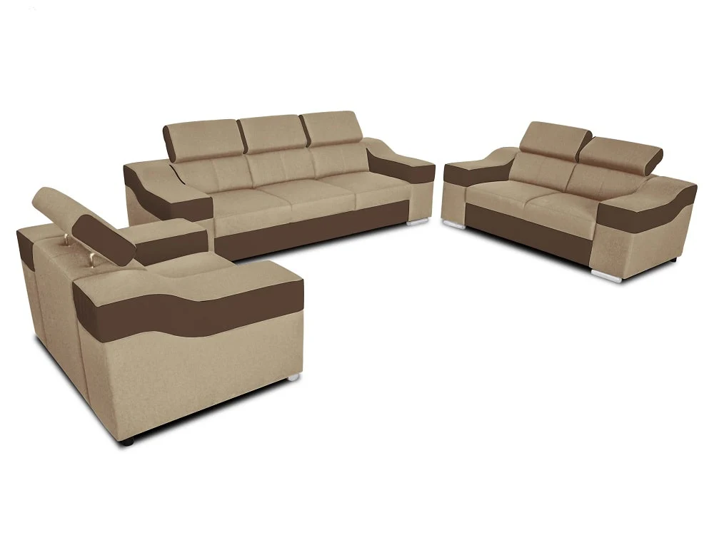 Conjunto 3+2+1: sofá 3 plazas, sofá 2 plazas, 1 sillón, reposacabezas reclinables – Eva, Tela y polipiel, Beige + marrón