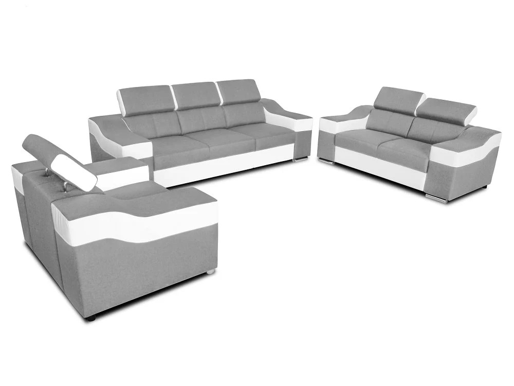 Conjunto 3+2+1: sofá 3 plazas, sofá 2 plazas, 1 sillón, reposacabezas reclinables – Eva, Tela y polipiel, Gris claro + blanco