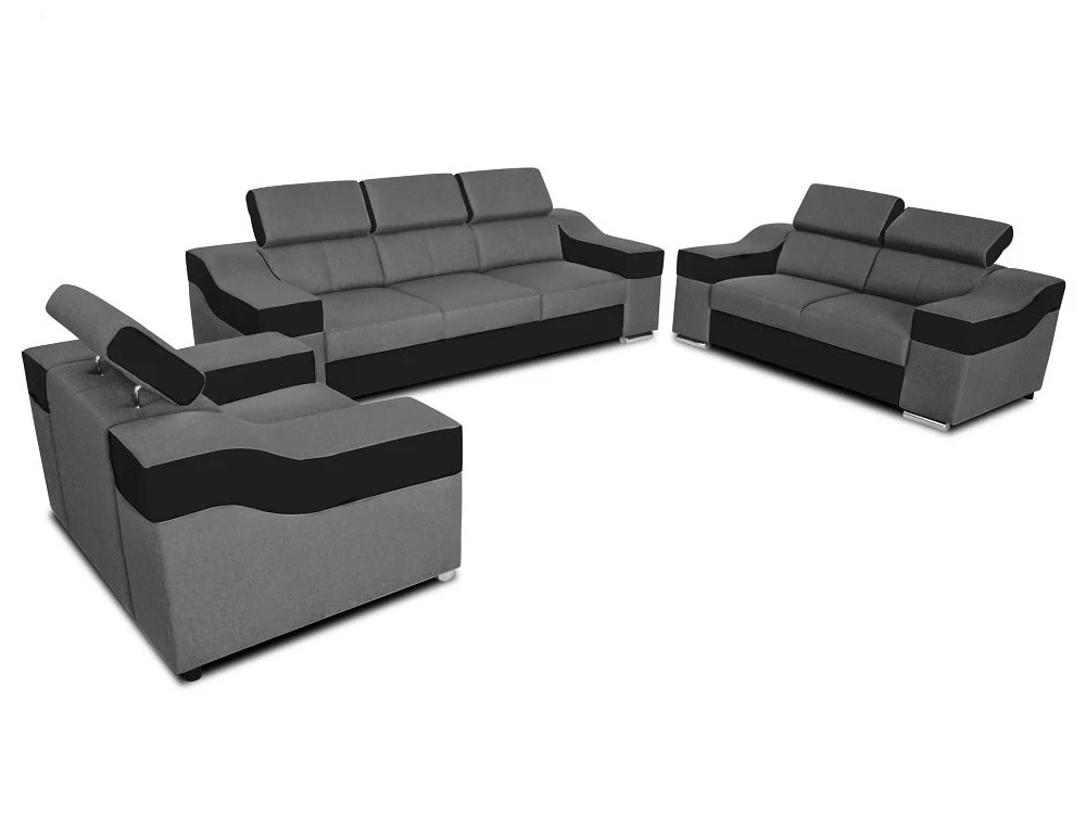 Conjunto 3+2+1: sofá 3 plazas, sofá 2 plazas, 1 sillón, reposacabezas reclinables – Eva, Tela y polipiel, Gris + Negro