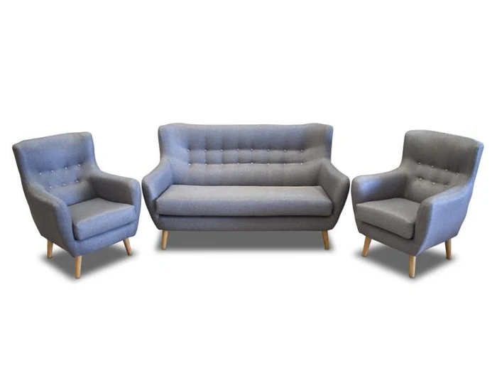 Conjunto de un sofá 2 plazas diseño con botones y sillones – Stockholm, Gris