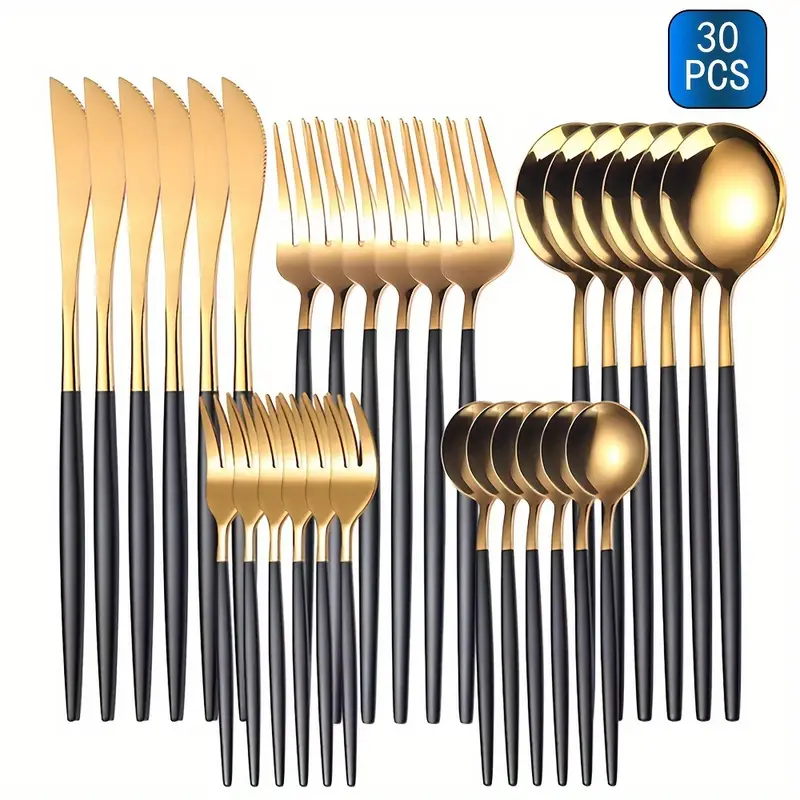 juego de cubiertos dorados para 6, color dorado con mango negro, 30 piezas acero inoxidable, utensilios cocina incluye cucharas y tenedores, apto