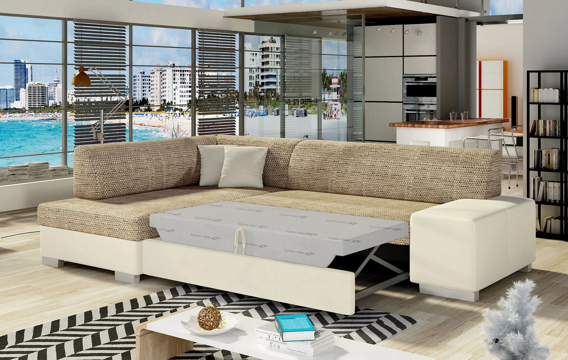 SOFÁ CAMA CON ARCÓN 268 CM X 167 FABIO BEIGE TELA/ POLIPIEL OFERTA