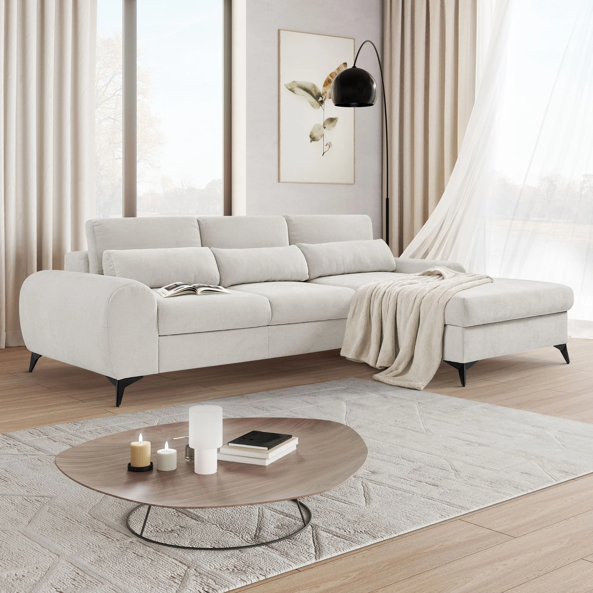 Sofá cama, ajuste del respaldo+arcon - Milan, Beige, 270x175