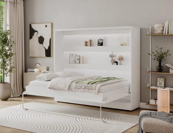 Foto Cama abatible 140 x 200 cm - Apertura horizontal manual - Con LEDs - blanco + Colchón - DEVESTO