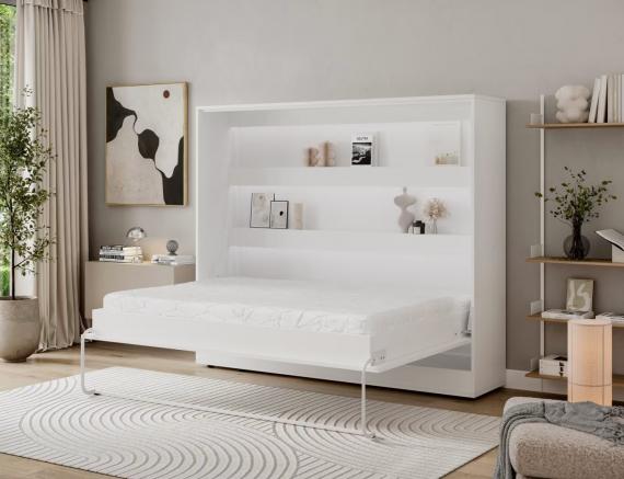 Foto Cama abatible 140 x 200 cm - Apertura horizontal manual - Con LEDs - blanco + Colchón - DEVESTO