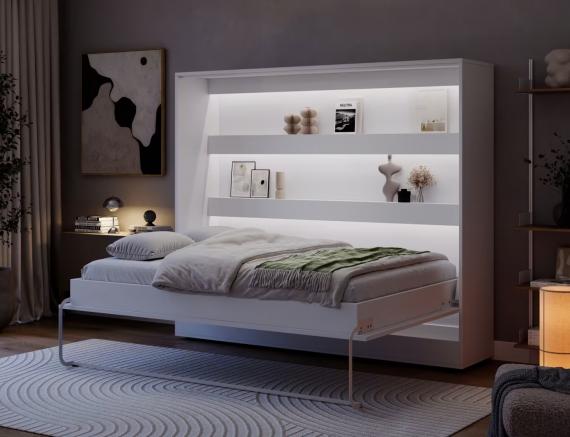 Foto Cama abatible 140 x 200 cm - Apertura horizontal manual - Con LEDs - blanco + Colchón - DEVESTO