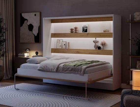 Foto Cama abatible 140 x 200 cm - Apertura horizontal manual - Con LEDs - blanco y natural + Colchón - DEVESTO