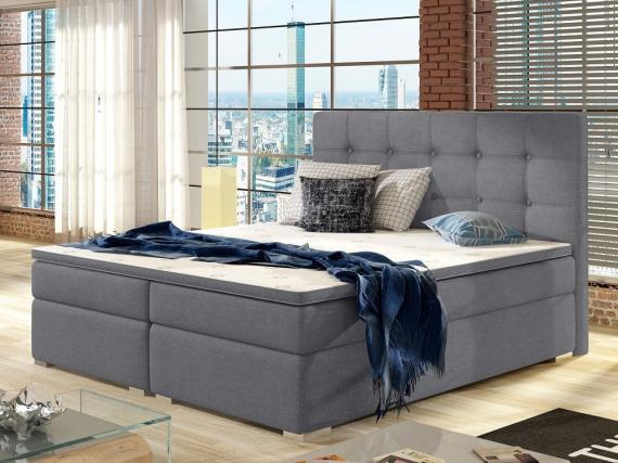 Foto Cama Boxspring tapizada, con colchón, cabecero y topper – Inez, Gris oscuro, 140*200