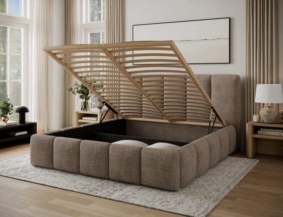 Photo Upholstered bed with storage compartment 140/160/180 x 200 cm - EDVIGE Beige