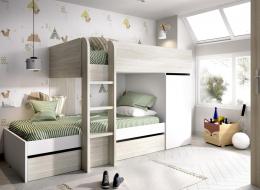 Cama tren juvenil compacta - MOVE, gris malla-blanco