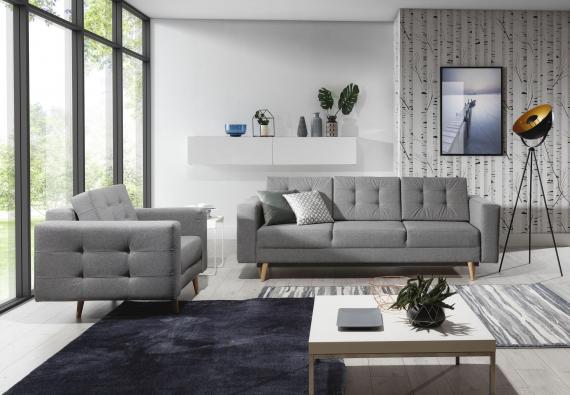 Foto Conjunto 3+1 sofá cama más sillón tapizado capitoné – Copenhagen, gris oscuro