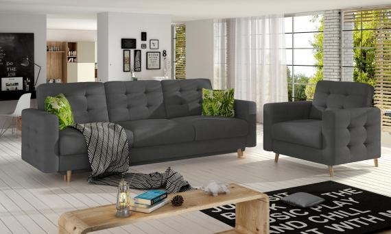 Foto Conjunto 3+1 sofá cama más sillón tapizado capitoné – Copenhagen, gris oscuro