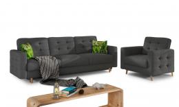 Conjunto 3+1 sofá cama más sillón tapizado capitoné – Copenhagen, gris oscuro