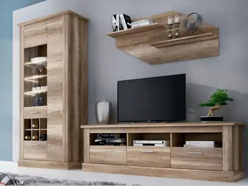 Foto Conjunto de salón: bajo TV grande, vitrina con LED y estante, efecto madera, 276 cm – Chellene, cañon