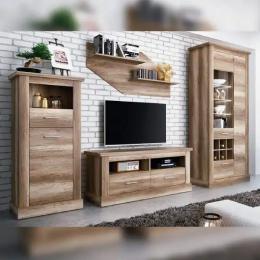 Conjunto de salón: bodeguero, bajo TV, vitrina y estante, efecto madera, 297 cm – Chellen, cañon