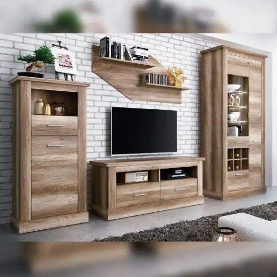 Foto Conjunto de salón: bodeguero, bajo TV, vitrina y estante, efecto madera, 297 cm – Chellen, cañon