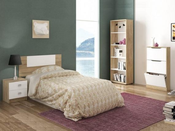 Foto Dormitorio individual: cabecero de cama, mesa de noche, librería, zapatero – Champion  09, cambria - blanco