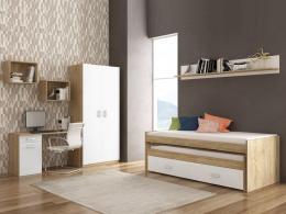 Dormitorio individual: cama nido compacta, armario, escritorio, 3 estantes – Champion 05, cambria - blanco