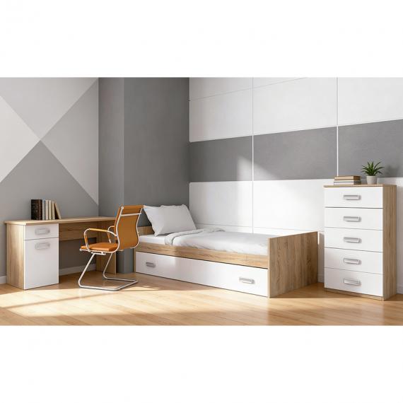 Photo Bedroom with bed, tallboy and study desk – Champion, Cambria - white