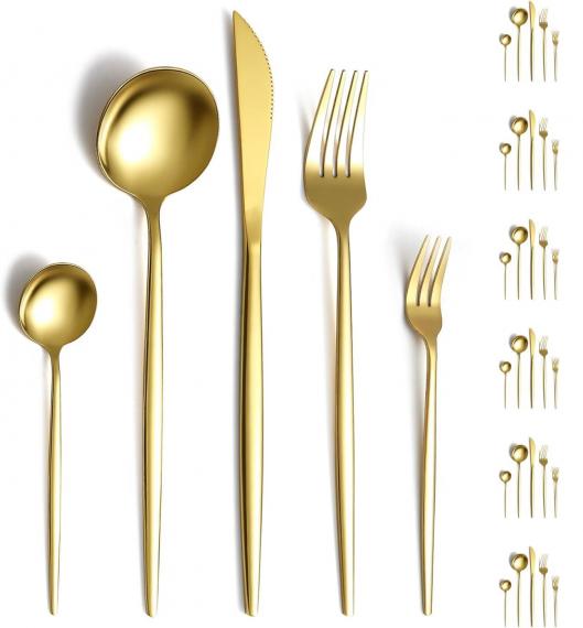 Foto Juego de cubiertos dorados para 6, 30 piezas de acero inoxidable, juego de cubiertos dorados, juego de utensilios de cocina incluye cucharas y tenedores, pulido satinado, apto para