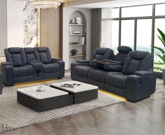 Foto Juego de sillones relax electricos reclinables - altavoces con subwoofer - portavasos - cargador inalambico - luces LED - puerto usb - 2+3 plazas - gris - TEXAS