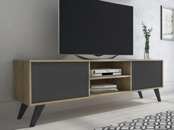 Foto Mueble TV moderno con patas altas inclinadas, 180 cm – Soto, blanco - roble