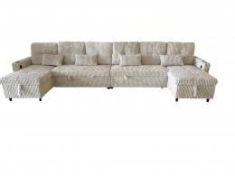 Sofá Cama en U de Tela de Pana Premium 400x135 cm con 2 Arcones y Patas Altas Portavasos Integrados USB + Tipo-C - Costa U LUX GRIS CLARO