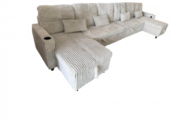 Foto Sofá Cama en U de Tela de Pana Premium 400x135 cm con 2 Arcones y Patas Altas Portavasos Integrados USB + Tipo-C - Costa U LUX GRIS CLARO