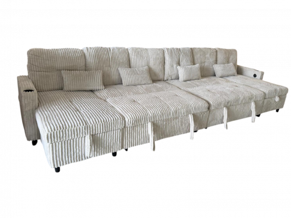 Foto Sofá Cama en U de Tela de Pana Premium 400x135 cm con 2 Arcones y Patas Altas Portavasos Integrados USB + Tipo-C - Costa U LUX GRIS CLARO