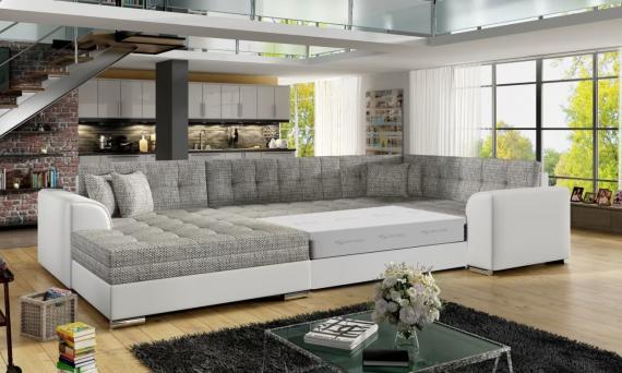 Foto Sofá cama rinconera - Damario, Gris/Tela-Blanco/Polipiel, 340x190cm OFERTA
