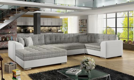 Foto Sofá cama rinconera - Damario, Gris/Tela-Blanco/Polipiel, 340x190cm OFERTA