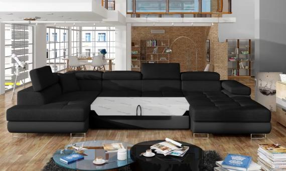 Foto SOFÁ CAMA CON ARCÓN FORMA DE U REPOSACABEZAS RECLINABLES 345 CM X 202 CM RODRIGO NEGRO TELA/NEGRO POLIPIEL