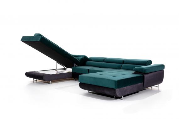 Foto SOFÁ CAMA CON ARCÓN FORMA DE U REPOSACABEZAS RECLINABLES 345 CM X 202 CM RODRIGO NEGRO TELA/NEGRO POLIPIEL