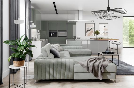 Foto SOFÁ GRANDE CON CAMA Y ARCÓN FORMA DE U CON PATAS ALTAS 354 CM X 202 LACANTE VERDE OLIVA OFERTA