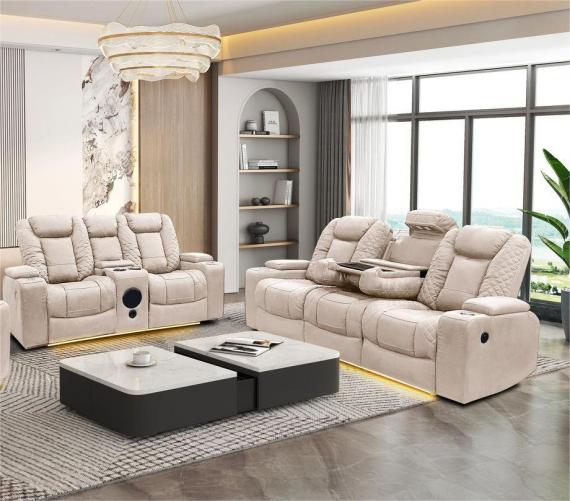 Foto Juego de sillones relax electricos reclinables - altavoces con subwoofer - portavasos - cargador inalambico - luces LED - puerto usb - 2+3 plazas - beige - TEXAS