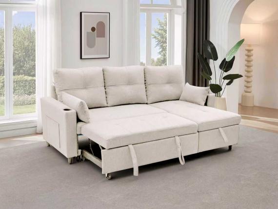 Foto SOFÁ CAMA MODERNO REVERSIBLE I 3 PLAZAS CON ARCÓN Y PATAS ALTAS I USB I TYPE-C I PORTAVASOS 210 CM X 135 CM COSTA LUX BEIGE