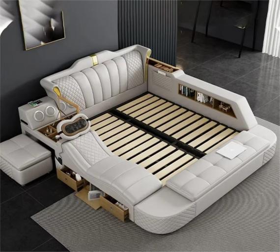 Foto Tech Smart Bed 2 personas con estructura de cama tamaño King Queen, cuero natural, masaje, USB, altavoz Bluetooth, 180x200 - California