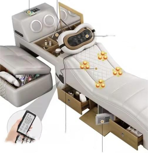 Foto Tech Smart Bed 2 personas con estructura de cama tamaño King Queen, cuero natural, masaje, USB, altavoz Bluetooth, 180x200 - California