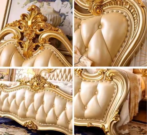 Foto Cama de dormitorio europeo de cuero natural de lujo, marco de madera maciza - REINA