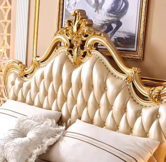 Foto Cama de dormitorio europeo de cuero natural de lujo, marco de madera maciza - REINA