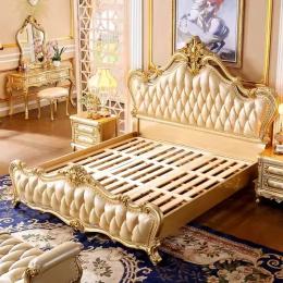 Cama de dormitorio europeo de cuero natural de lujo, marco de madera maciza - REINA