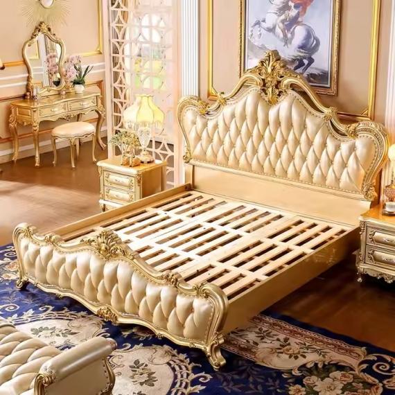 Foto Cama de dormitorio europeo de cuero natural de lujo, marco de madera maciza - REINA