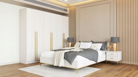 Foto Conjunto de dormitorio moderno: cama+cabecero, 2 mesitas, cómoda, armario - KASZMIR
