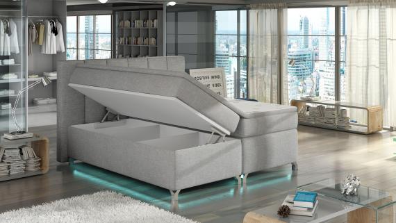 Foto Cama con luces LED, tapizada, con arcones, colchón, cabecero y topper 140 x 200cm – Basilio, Gris
