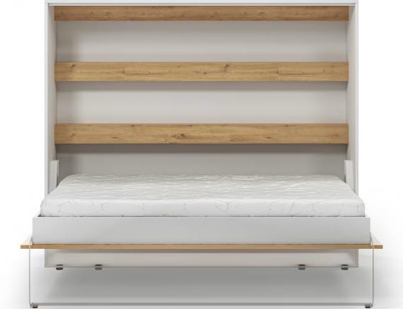 Foto Cama abatible 140 x 200 cm - Apertura horizontal manual - Con LEDs - blanco y natural + Colchón - DEVESTO